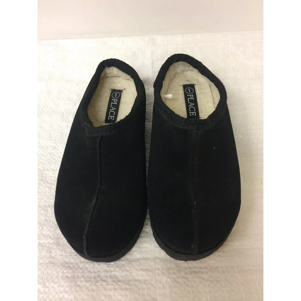 Children Place for kids black faux Fur Lined suede sip on Slippers size 1